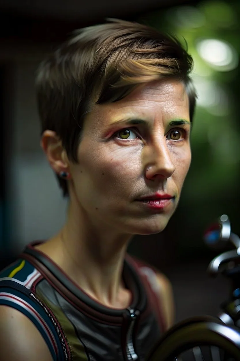 She is in a garage in the garden, and has a lean, athletic build, a testament to her years of cycling. Her short-cropped hair, worn for aerodynamics during races, gives her a distinctive and androgynous look. upper body portrait, photo-realistic, shot on Hasselblad h6d-400c, zeiss prime lens, bokeh like f/0.8, tilt-shift lens 8k, high detail, smooth render, down-light, unreal engine 5, cinema 4d, HDR, shot in luxury kitchen