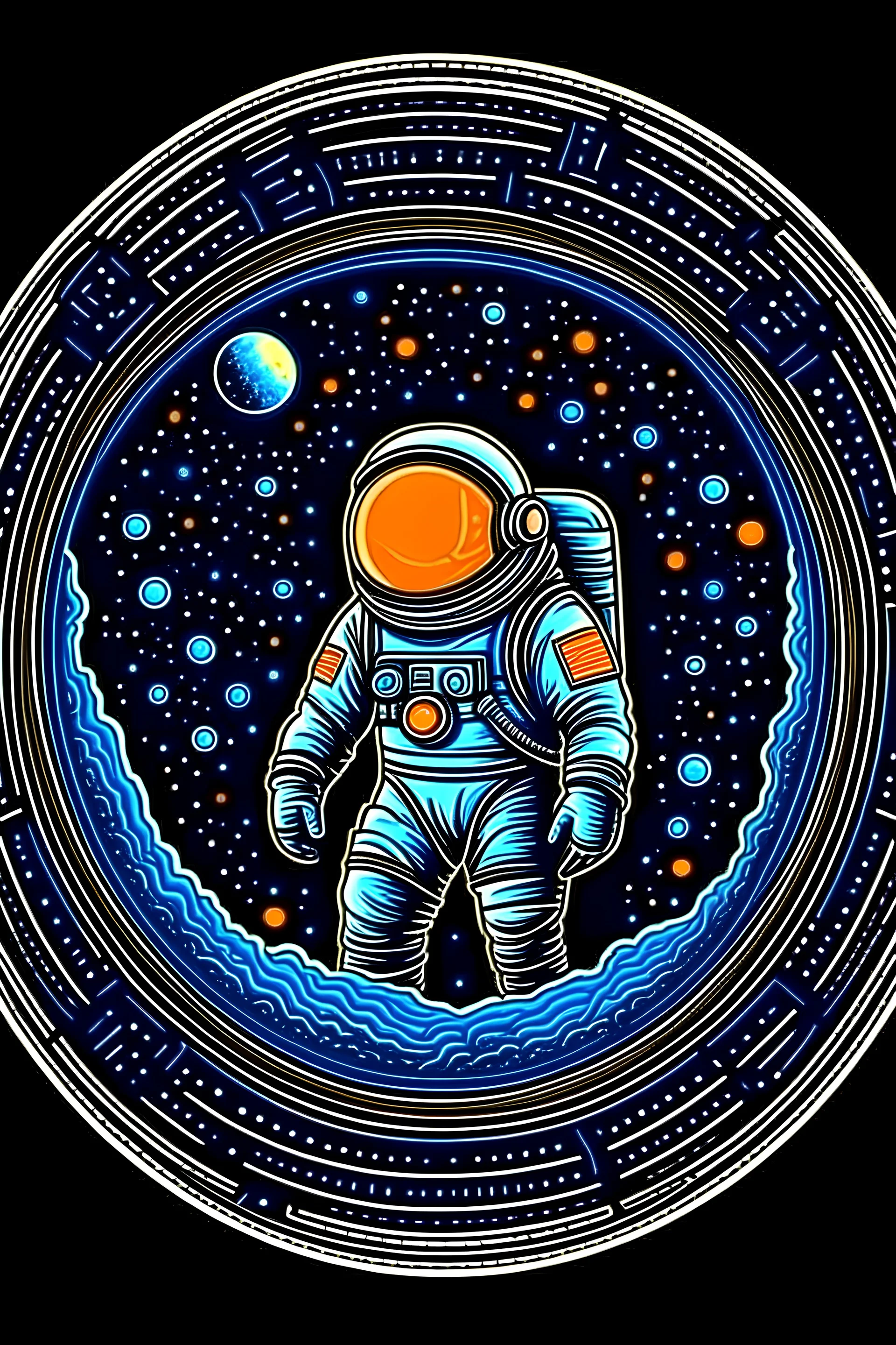 An astronaut looking at the porthole an unknown planet in the deep space. Pixel art