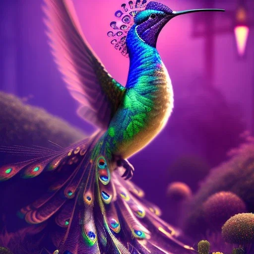 peacock, humming bird, fantasy art, Unreal Engine 5, lens macro,sharp focus, realistic, hyper detailed, studio lighting, neon light ambient