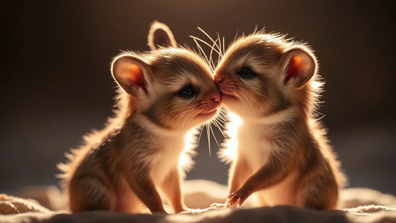 romantic photograph of two small animals in a loving relationship, halo lighting, chiaroscuro, beautiful photo