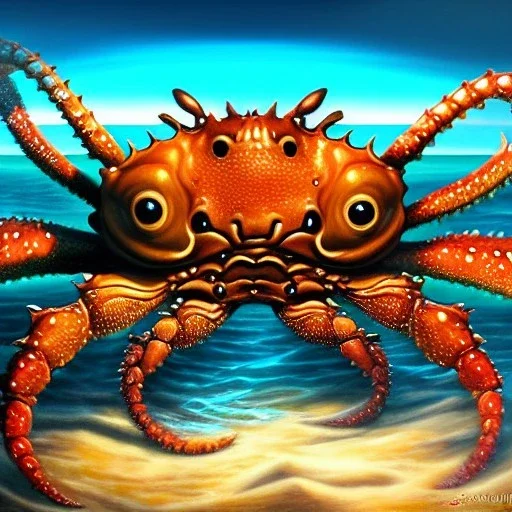 ultra detailed fullbody Drawing of Sea monster Giant Crab on the shore , extremely detailed digital painting, intrincate, extremely detailed face,crystal clear Big eyes, in the style of Frank Frazetta, mystical colors , perfectly centered image, perfect composition, rim light, beautiful lighting, 8k, stunning scene, raytracing