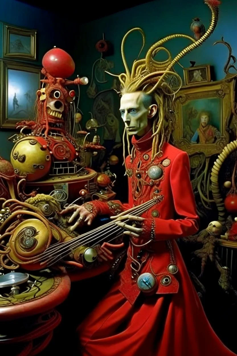 photo by tim walker : loan-blend human-alien biomorphic-animals squid indefinite head extreme wide shot head to toe portrait of weird krofft pufnstuff puppet voodoo cutie sitar player king human nervous systems, renaissance faire alex grey hyper detailed michael cheval with a playful expression made out of mechanical parts and robot arms; cyborg details, unusual and obscure photograph by františek vobecký of a surreal scene of ghastly men, pop art, clive barker style, 300mm f/.8, raw cinematic p