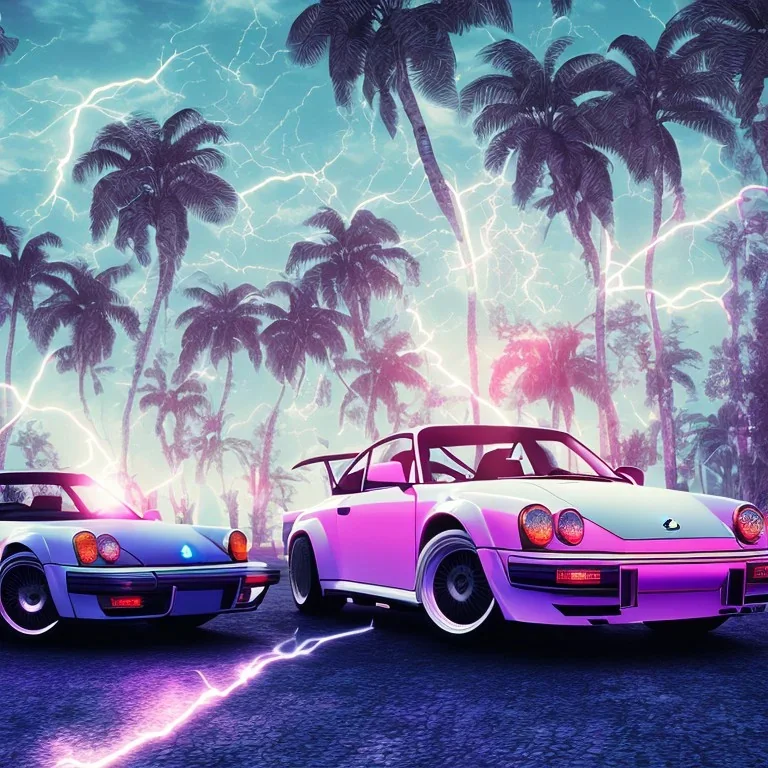 1980's aesthetic vaporwave palm trees and spheres and Porsche with lightning