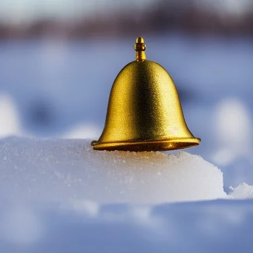 long shot of exquisite tiny gold bell half buried in snow, warm colors, soft lighting, snowdrift, long shot, soft focus, extreme wide shot