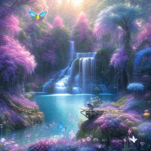 cascata, LAGO BLU, fate, farfalle, SWANN, fiori, alberi in fiore, cielo rosa blu, pieno di dettagli, sole liscio e luminoso ， atmosfera di luce soffusa, effetto luce ， vaporwave colorato, concept art, dettaglio liscio ed estremamente nitido, dettagli finemente sintonizzati, altissima definizione, 8 k, motore irreale 5, messa a fuoco ultra nitida