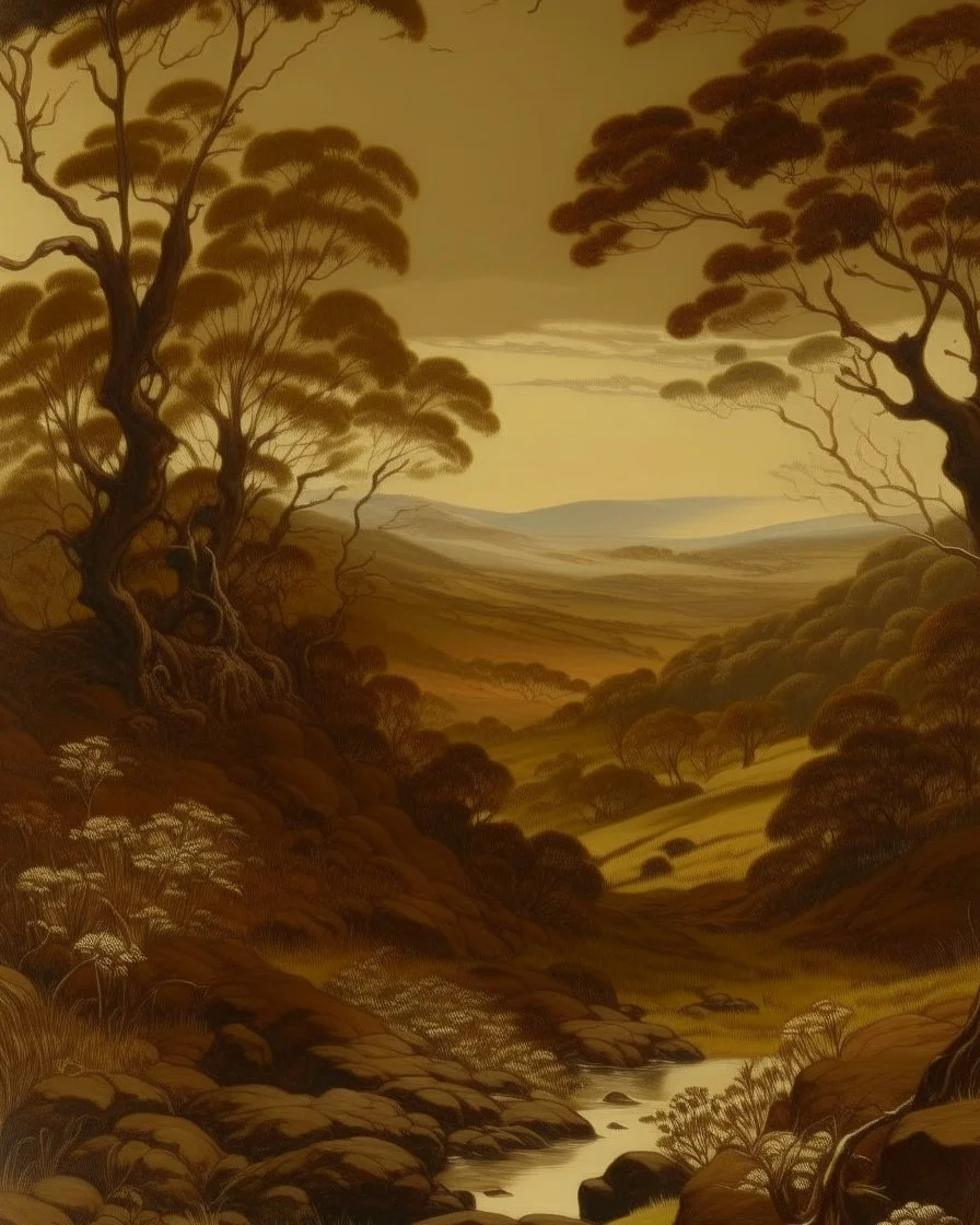 A chocolate brown colored shrubland wilds painted by Francis Danby