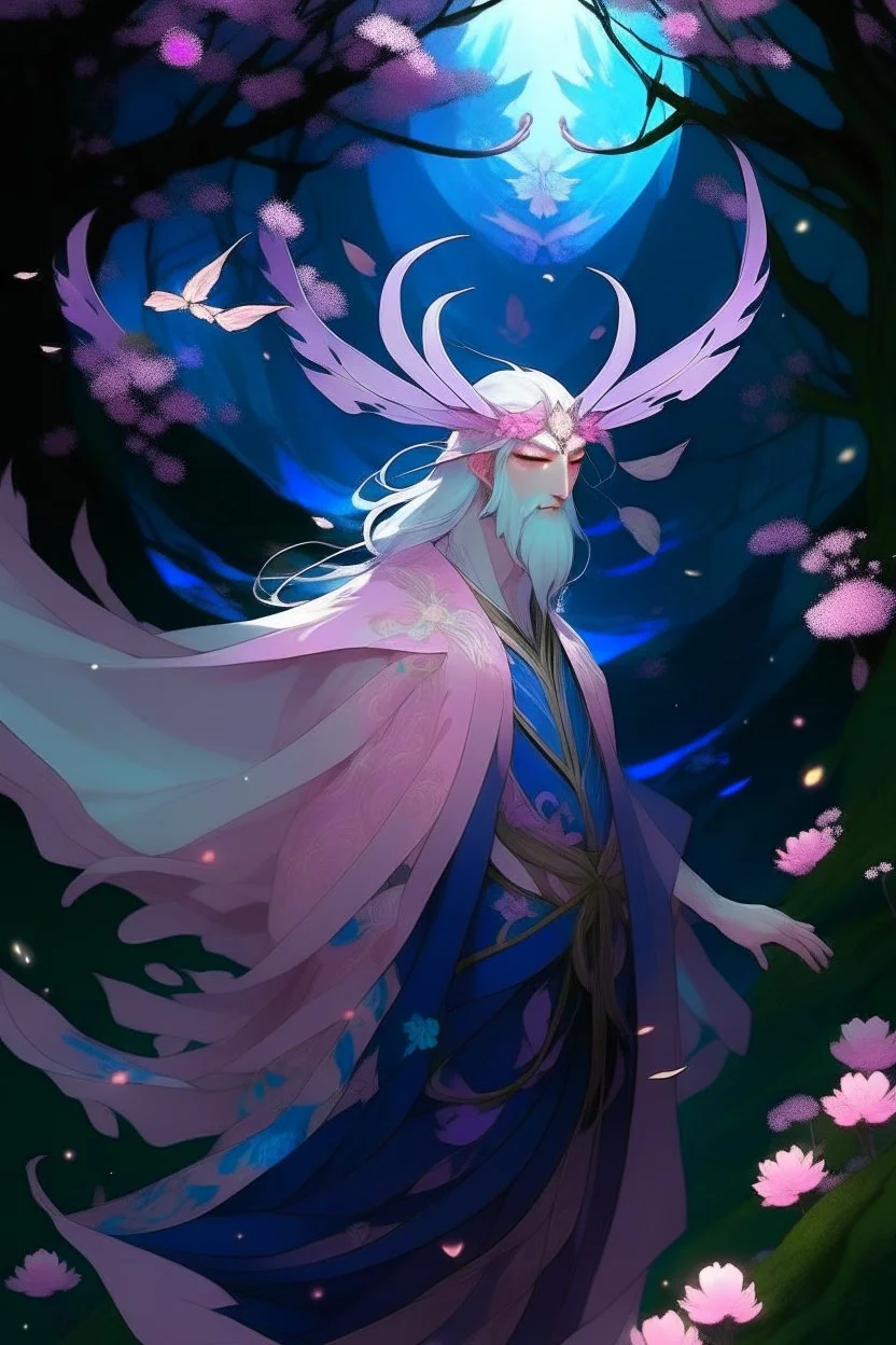 Pink hair spring cherry blossom Eladrin Male antlers blossom filled beard druid of the stars