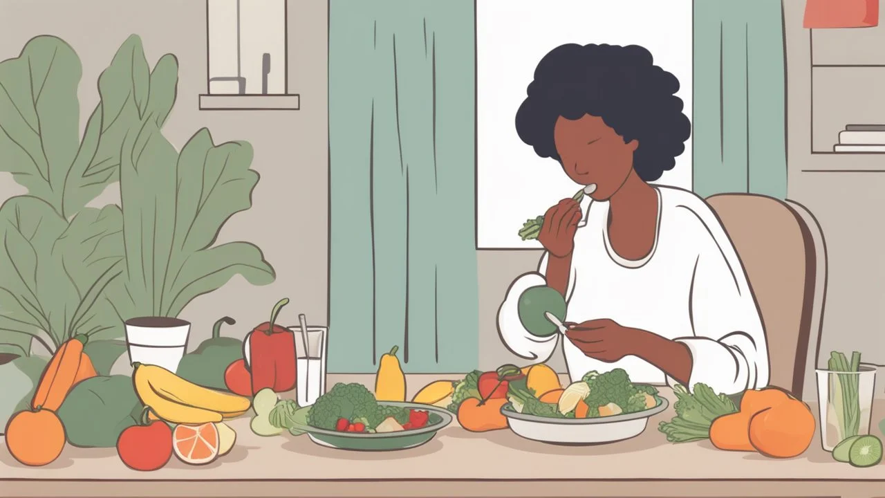 A picture of a person eating a healthy meal full of fruits and vegetables, reflecting the trend towards healthy nutrition to prevent cancer and obesity.