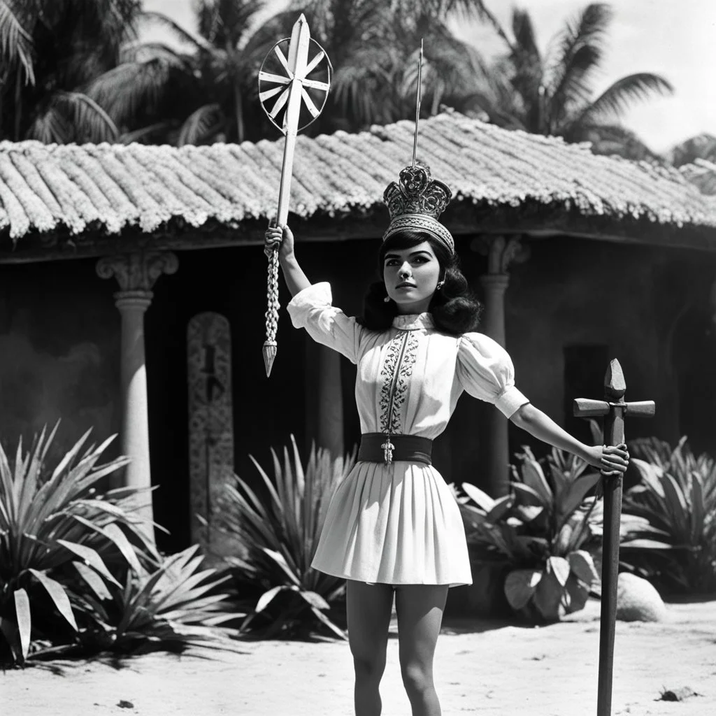(1960’s stop-motion animation style of las reinas del combate en el suelo in Mexico) She is tied to a stake, her hands above her head, in the governor's villa