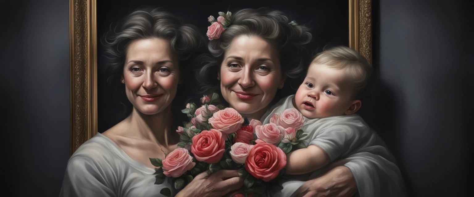 Hyper Realistic framed portrait of a mother carrying her child with flowers & roses around them at night in a dark room