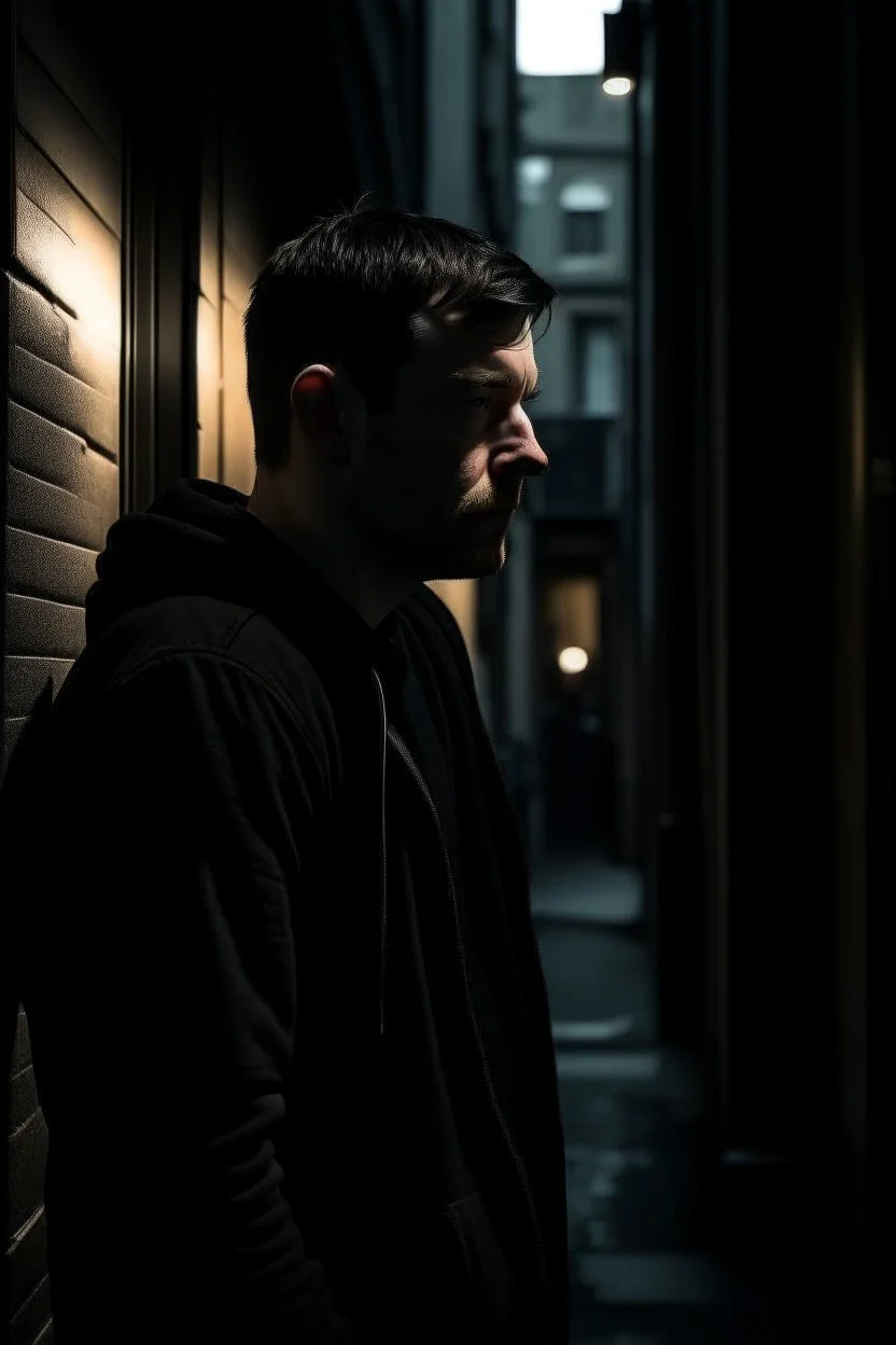man in dark clothing, hiding around a corner., looking out on a brightly lit street