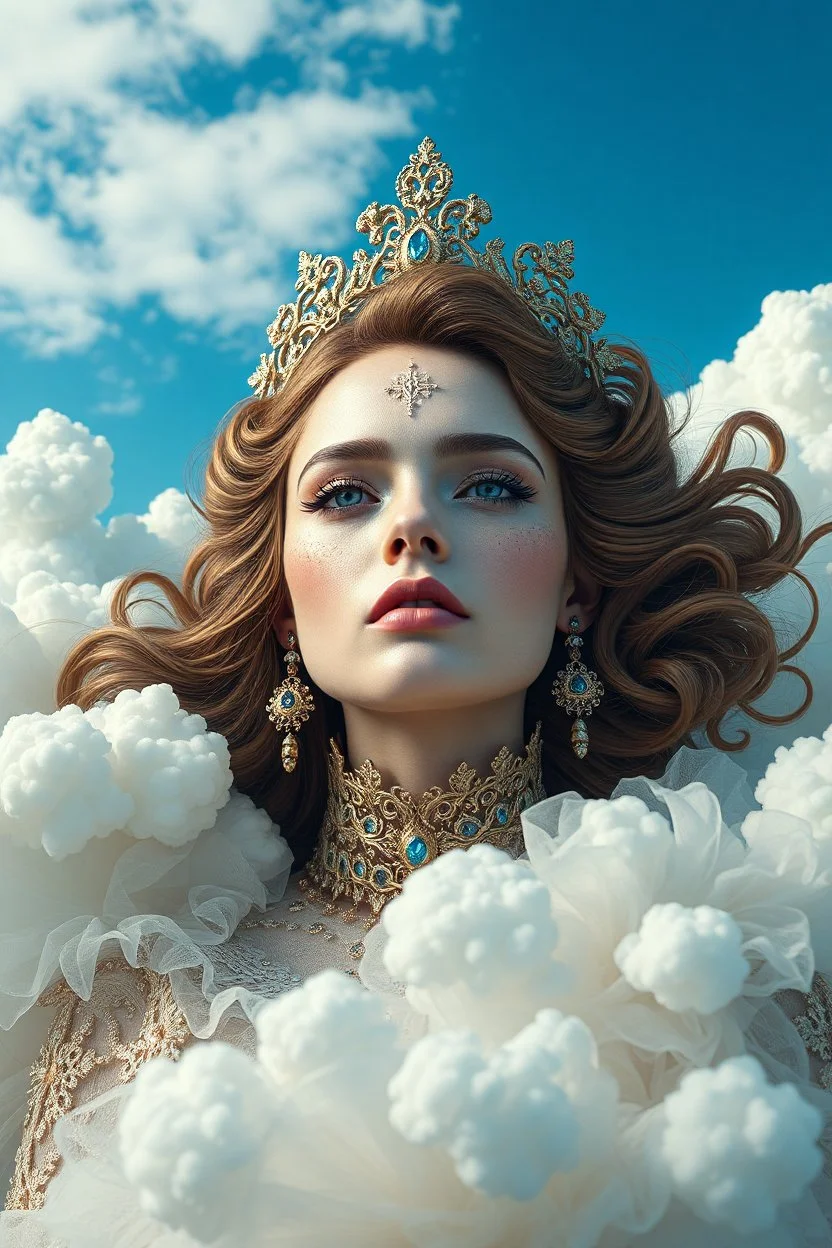 Fashion portrait made of clouds; blue sky, hyperdetailed; photograph taken on nikon D750, intricate, elegant, hyperrealistic; rococo, fantasy, centered by Anna Dittman Karol Bak Giovanni Battista, detailed matte painting, deep color, intricate detail, splash screen, complementary colors, fantasy concept art, 8k, Artstation Unreal Engine 5