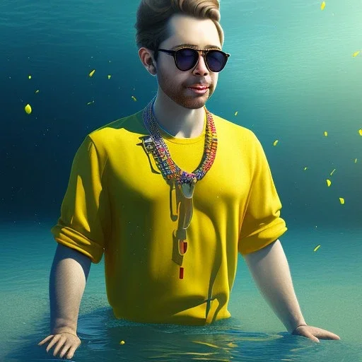  fantasy art, upper body of john dennis the guru with sunglasses on yellow slack line high above water