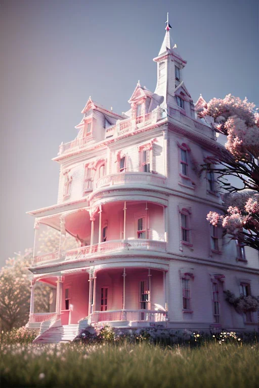 Victorian white house with pink flowers, in the style of Camilla d'Errico, hyper detailed, beautiful, complex, trending on artstation, cinema4d, cryengine, national geographic photo, chiaroscuro