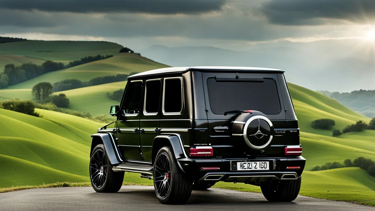 A (((G-class hypercar Body))) with its sleek,, featuring a bold, menacing grille and powerful lines, evoking a harmonious balance between sophistication and muscle, against a backdrop of verdant hills at noon, ideal for a dynamic desktop wallpaper