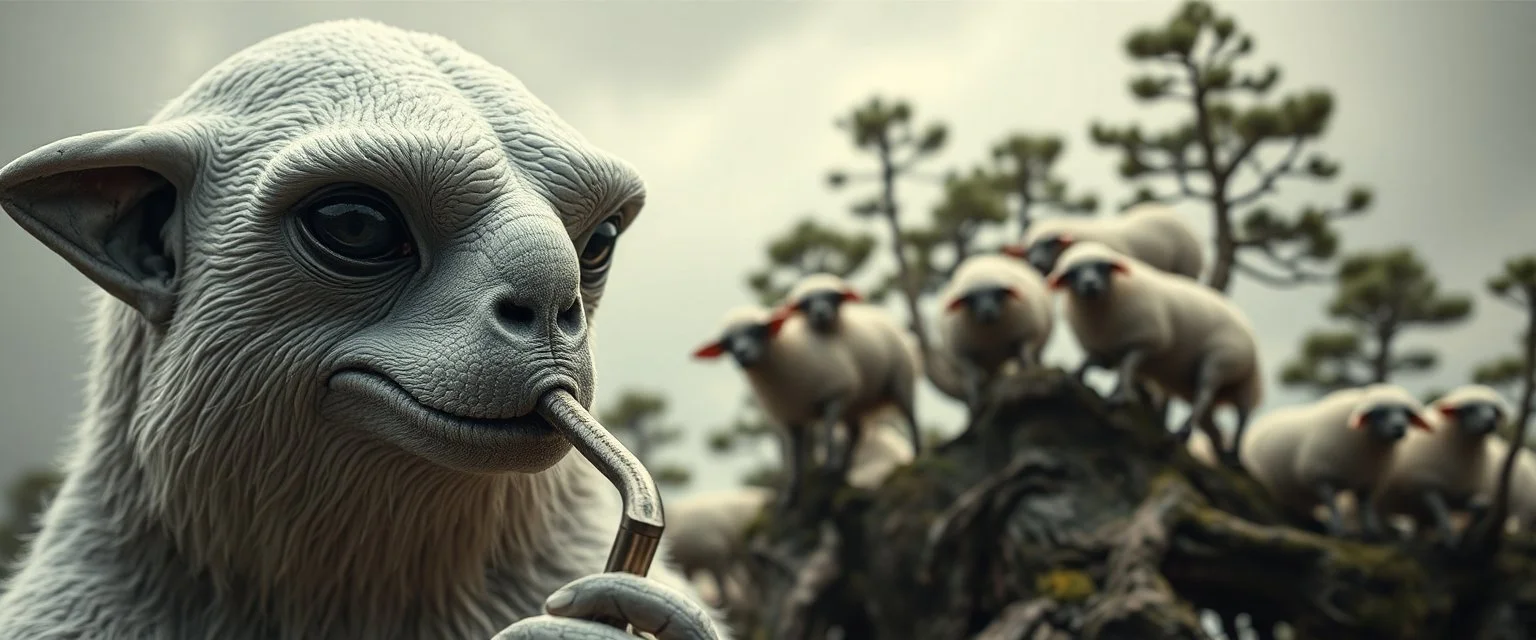close up on member of jazz giant polar alien sloth gremlin sheep flock climbing trees
