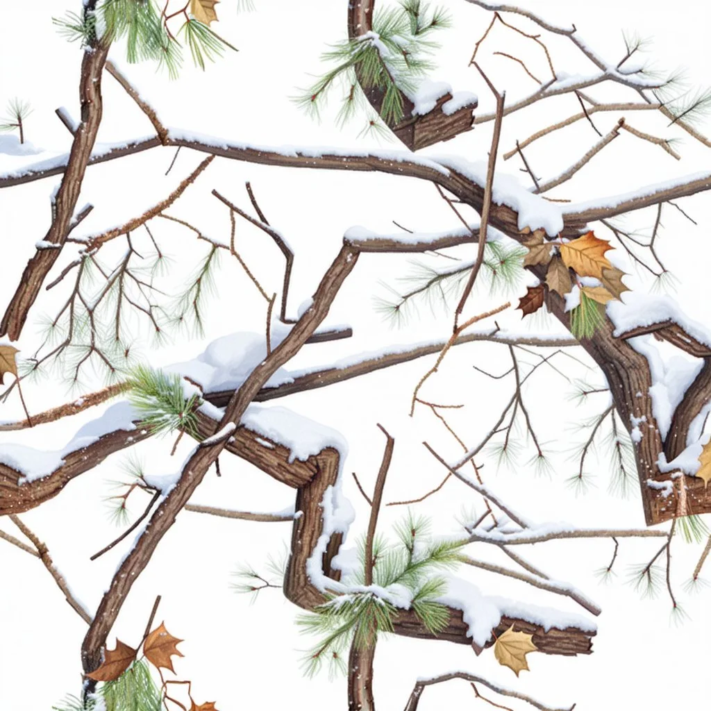 detailed Real Tree Camouflage made of sticks, twigs, dried leaves, pine branches, snow and dirt, white background, seamless repeatable texture pattern imitating a natural forest background