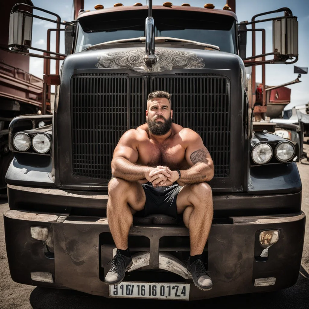 photography of a burly truck beefy driver at rest in truck, inside cab, shirtless, with short shorts, sweaty, massive with tattoos and short beard, Romanian, muscular, male chest, big tights, frontal view, seen from below