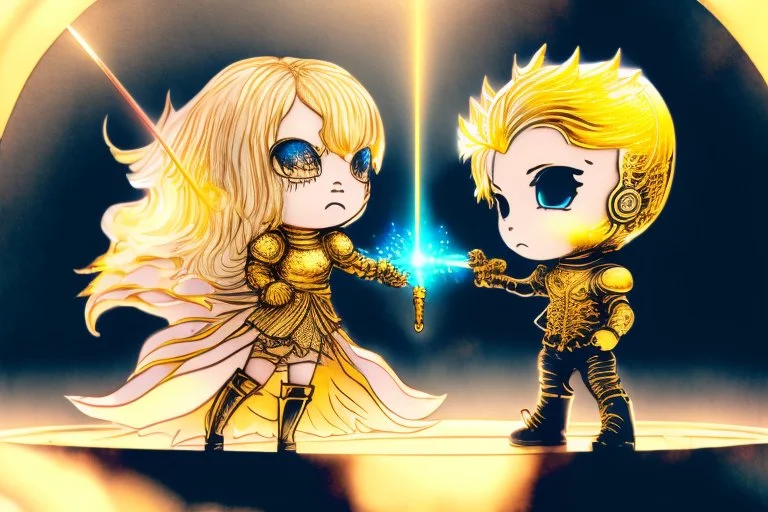 cute blonde chibi princess fighting with an ugly giant monster with a golden laser sabre, golden coin stacks, pond, in sunshine, H.R. Giger, anime, steampunk, surreal, watercolor and black in outlines, golden glitter, ethereal, cinematic postprocessing, bokeh, dof