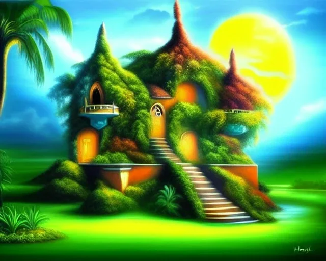 mystical house on a hot tropical island, fantasy art,