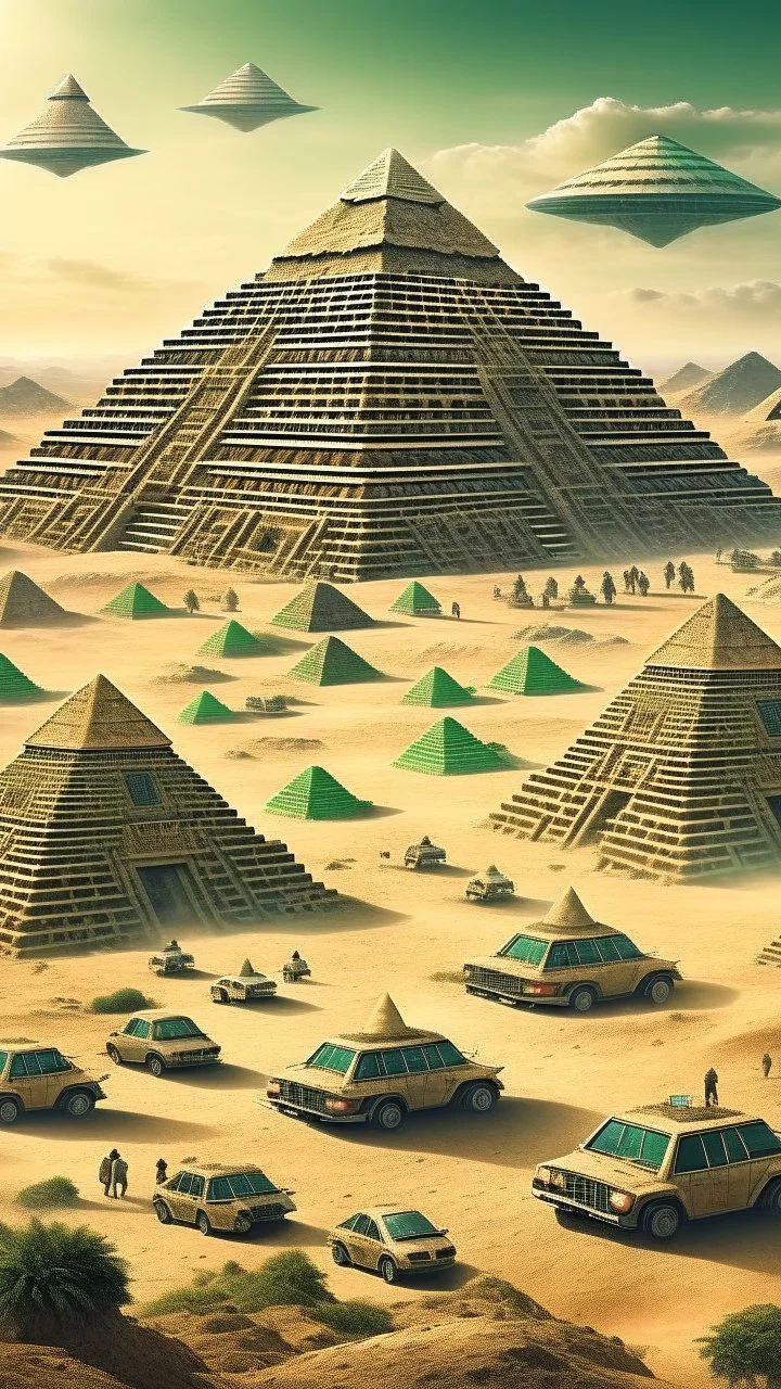 Ancient pyramids with homes around. People driving spaceships