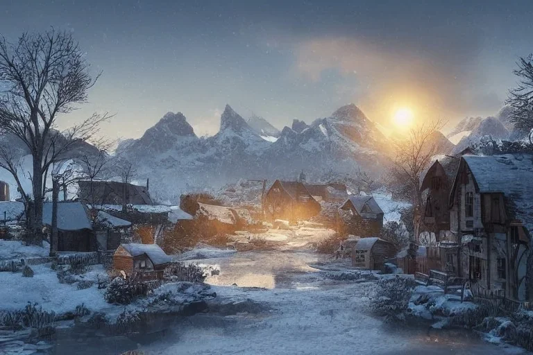 highly detailed small village scene, sunrise, illustration, background snowy mountains, cinematic lighting, 4k, 8k, octane render, digital concept art, trending on artstation, pinterest, extremely detailed, ambient lighting.