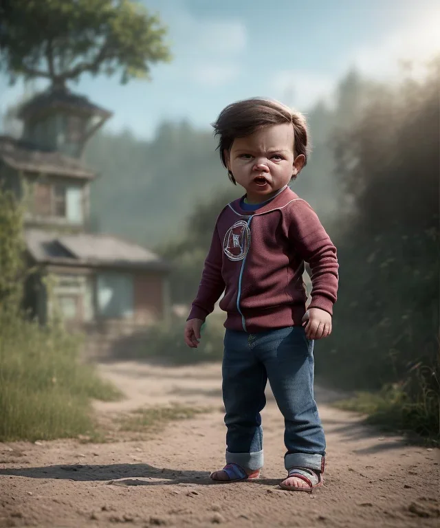 Penny Hofstadter toddler, full body, dramatic lighting, angry, hyper realistic,