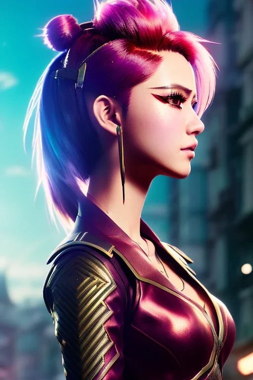 anime warrior, portrait from waist up, intricate eyeliner, vibrant eyeshadow, clear completion, soft lighting, 4k resolution, intricate details, insanely detailed, colorful cityscape background, masterpiece, expert, cinematic smooth, retroanime style, realistic details, no helmet