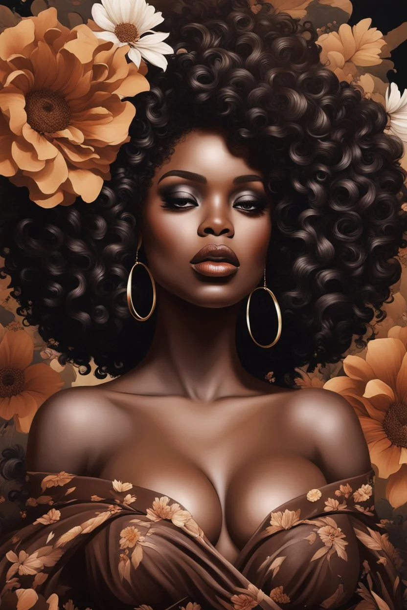 Create a abstract art image of a curvy black female wearing a brown off the shoulder blouse, and she is looking down with Prominent makeup. Highly detailed tightly curly black afro. Background of large brown and black flowers surrounding her