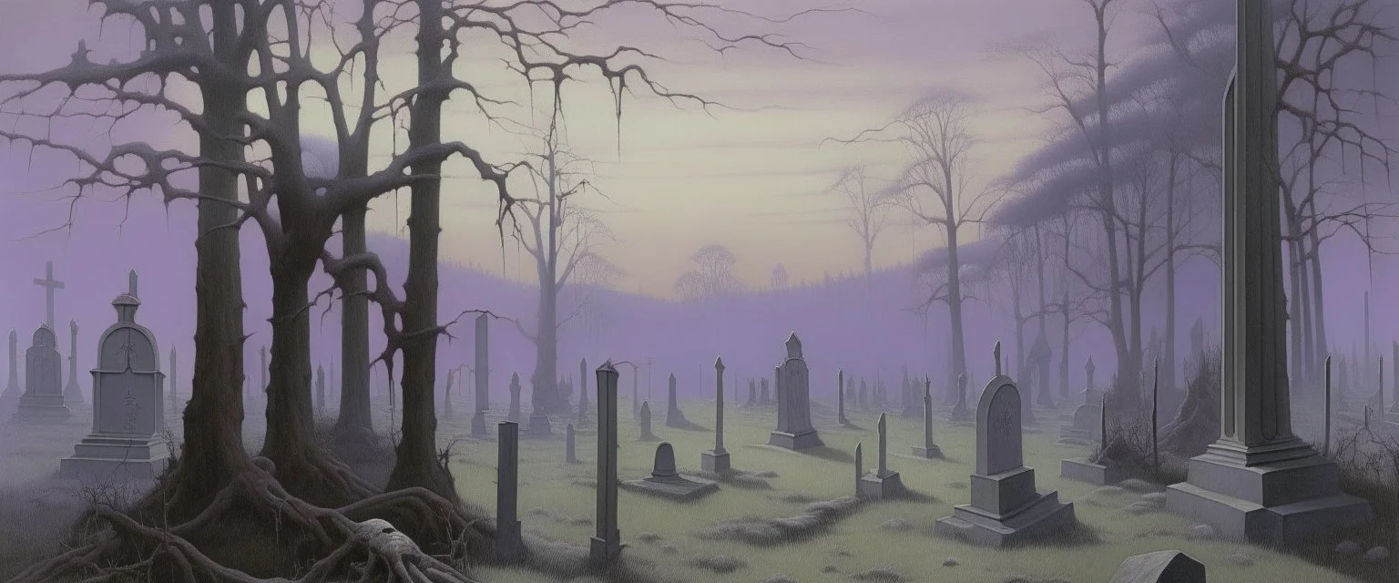 A light purple haunted graveyard painted by Caspar David Friedrich