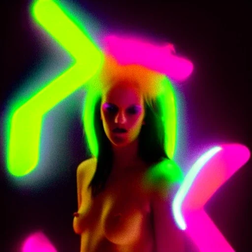 A 1990s or early 2000s magazine party photoshoot. Neon blob, metallic spikes, ethereal. Extremely detailed, HD photography, high quality, stylized, dramatic, high contrast, high exposure.