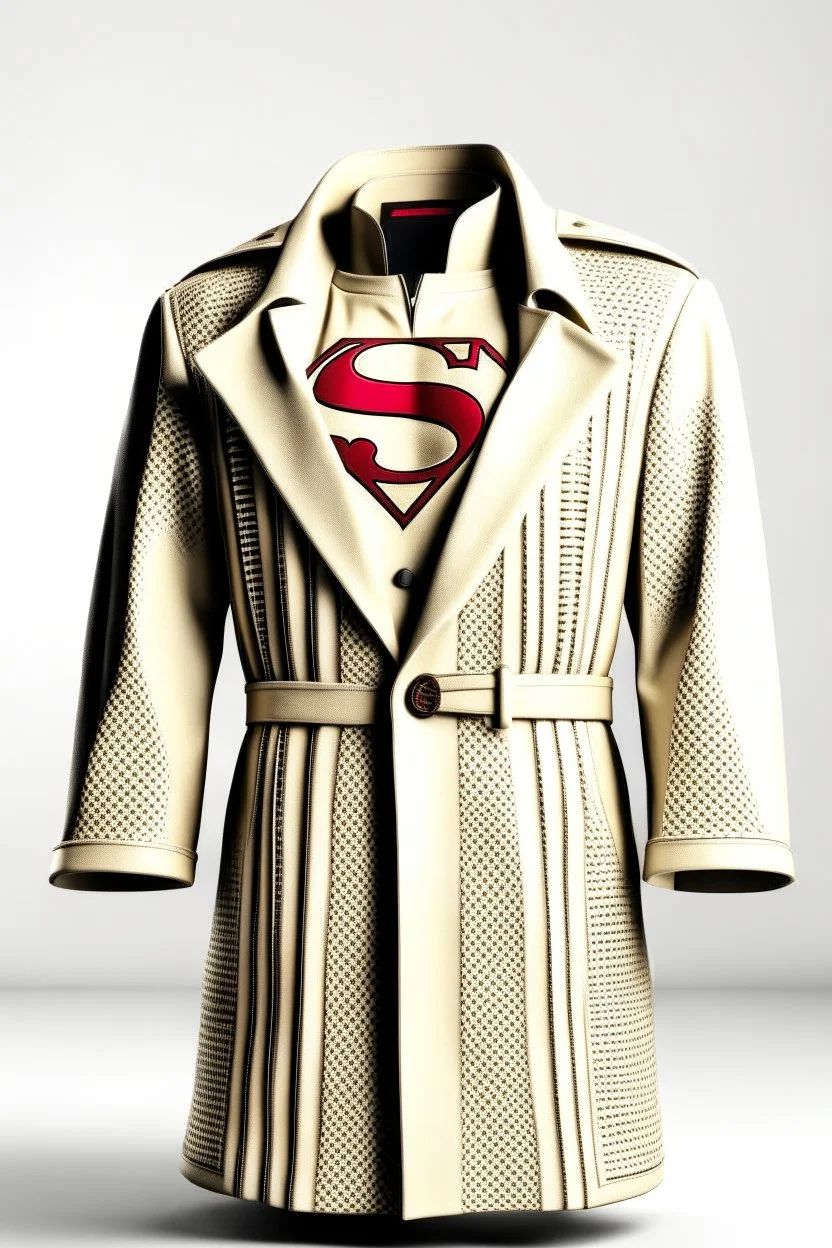 Men's Superman's Zeta1 Winter TrenchCoat elegant inspired by Superman's emblem design beige tones with dual color on a white background, product catalog photography, soft spot lighting, depth of field, 4k –ar 3:5 –q 2