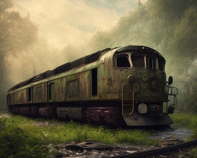 warrior stand in front, an abandoned train on tracks overgrown by nature with large puddles of water flooding part of tracks, 8k resolution, high-quality, fine-detail, intricate, digital art, detailed matte, volumetric lighting, illustration, 3D octane render, brian froud, howard lyon, selina french, anna dittmann, annie stokes, lisa parker, greg rutowski