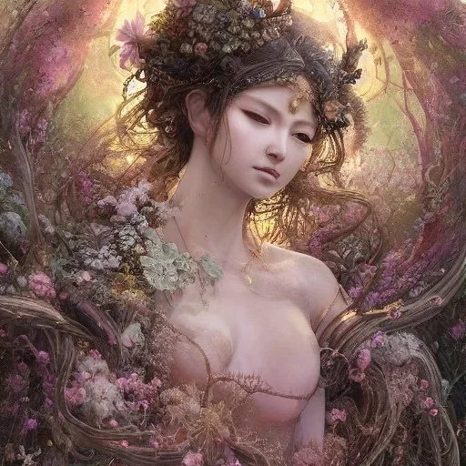 Insanely detailed photograph of an “portrait of gorgeous spring goddess ” with intricate hair, intricate embroidered dress, beautiful clear face and hyperdetailed painting by Ismail Inceoglu Huang Guangjian and Dan Witz CGSociety ZBrush Central fantasy art album cover art,8K, hdr, romantic, mysterious, ominous, beautiful flowers, jewelry, comfort, natural eyes, "arms open for embrace"