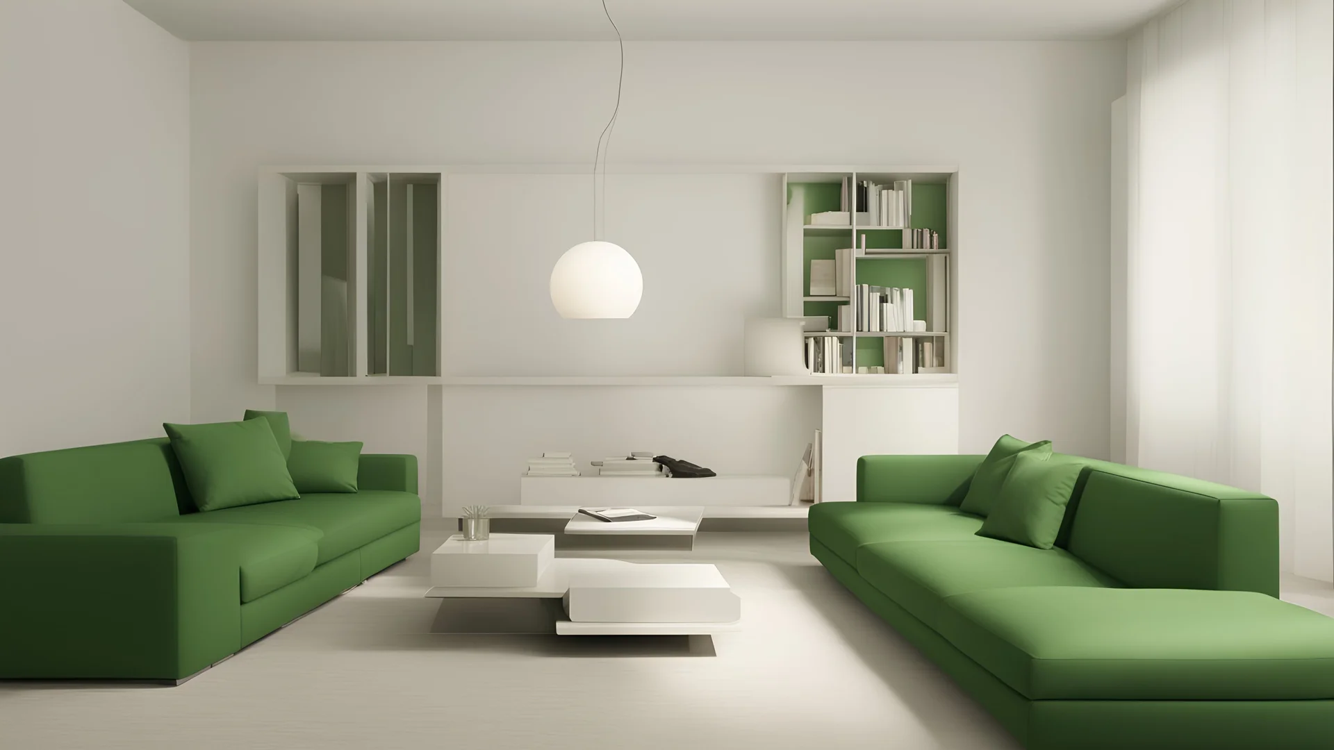 Sala minimalista, sofa, parede verde
