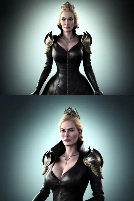 Cersei Lannister as evil queen in black leather coat, busty, cleavage, voluptuous, lena headay, angry, stern look. character design by cory loftis, fenghua zhong, ryohei hase, ismail inceoglu and ruan jia. unreal engine 5, artistic lighting, highly detailed, photorealistic, fantasy