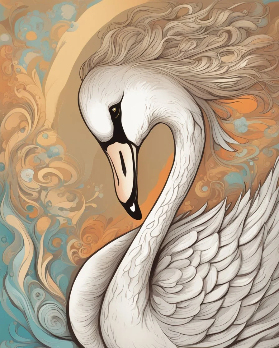 Captivating, whimsical illustration of a swan, with light golden blonde hairstyle. Elongated neck, rounded and exaggerated head adorned with wild and untamed locks that seem to dance in the breeze. Her bright eyes emit mischievous shine, her expressive face captivates with its fascinating beauty. Standing, the swan shows off its vibrant colors and playful behavior. The abstract, vivid background of shapes and colors adds depth and dimension.