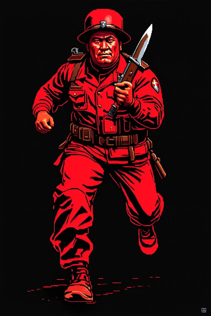 indigenous canadian soldier(uniform and face based on racist steriotypes) running towards viewer, a knife i one hand, and a gun(barrel pointing at viewer) in the other. blocky retro 1960's jack kirby style poster in monochrome with white background