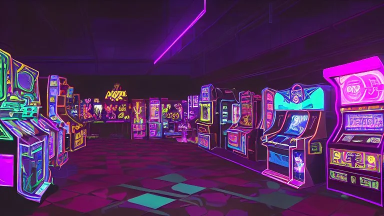 A dark photo of the corners of an 80's aesthetics arcade at night, with a lot of functioning arcade machines, a vaporwave floor and some colorful tiles in between the floor. Purple aesthetics. There are some pizza boxes over some of the arcade machines. The wall has a ticket shop who sells plushies, food and laser tag guns