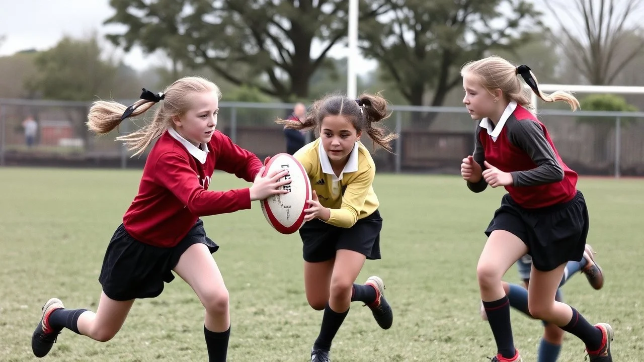 Young schoolgirls playing rugby, award-winning colour photograph