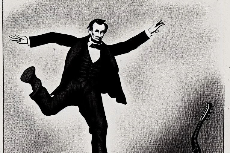 Abraham lincoln jumping in the air playing electric guitar