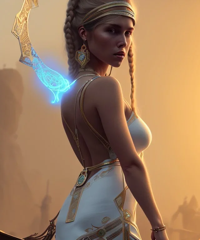 Gipsy, beautiful, curvy body, white fabric dress, beautiful long hair, bandana covering head, long earings, head and shoulders portrait, holding tarot card, 8k resolution concept art portrait by Greg Rutkowski, Unreal Engine 5 volumetric lighting