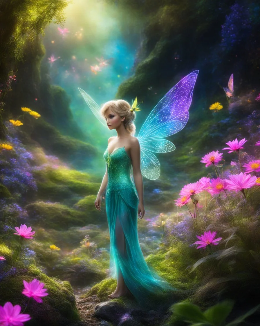 Beautiful Tinkerbell in Landscape in a magical place with neon flowers and tiny fairies all in photography art