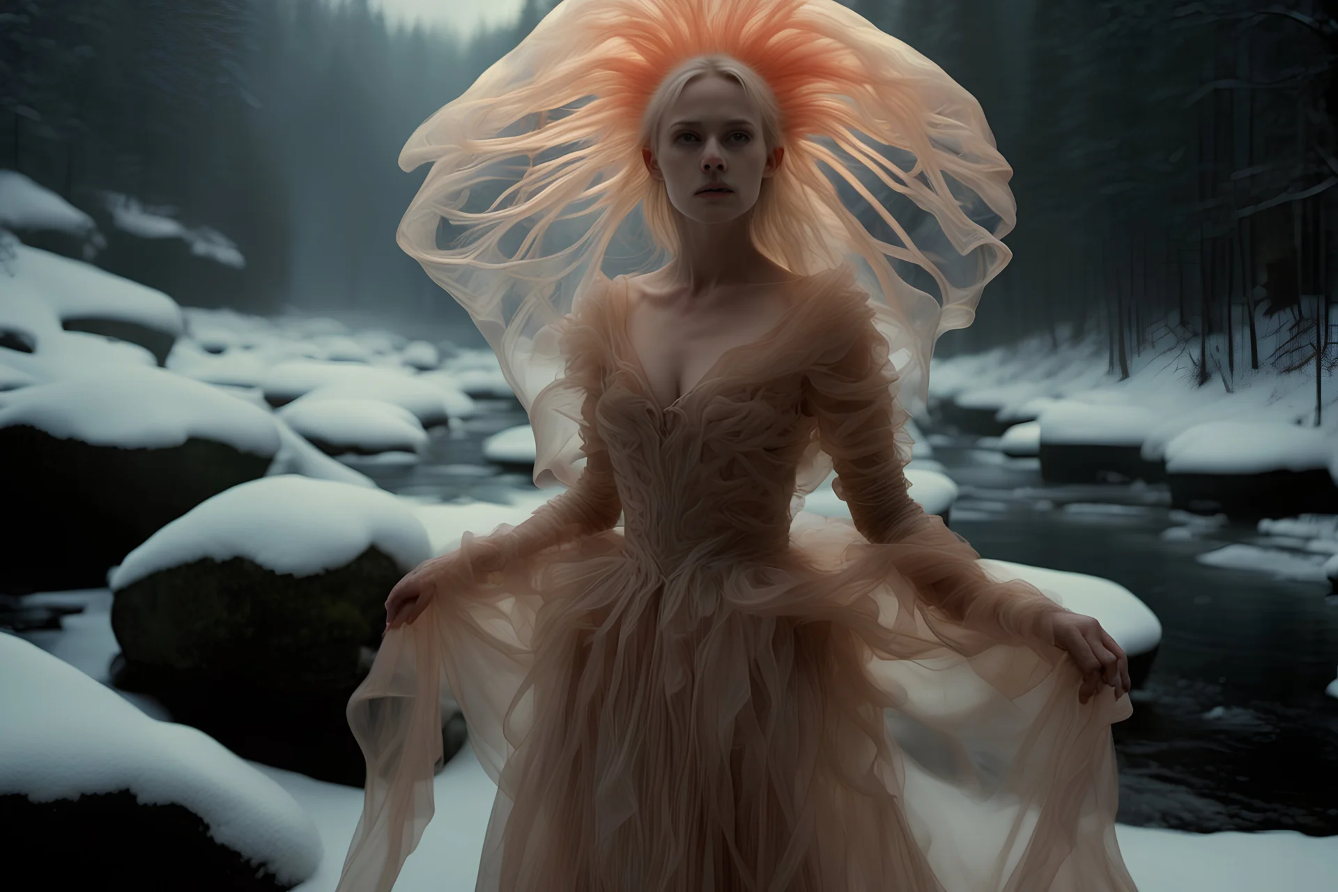 Hiper-realistic Close-up photo, Otherworldly, blonde Brown Actress knight Avant-Garde Dan Flavin-Iris Van Harpen translucent fluorescent fashion gown jelly-fish, Austrian Symbolism, arcane atmosphere, in the stormy sunrise mountains snowy River forest, by Sergei Parajanov movie