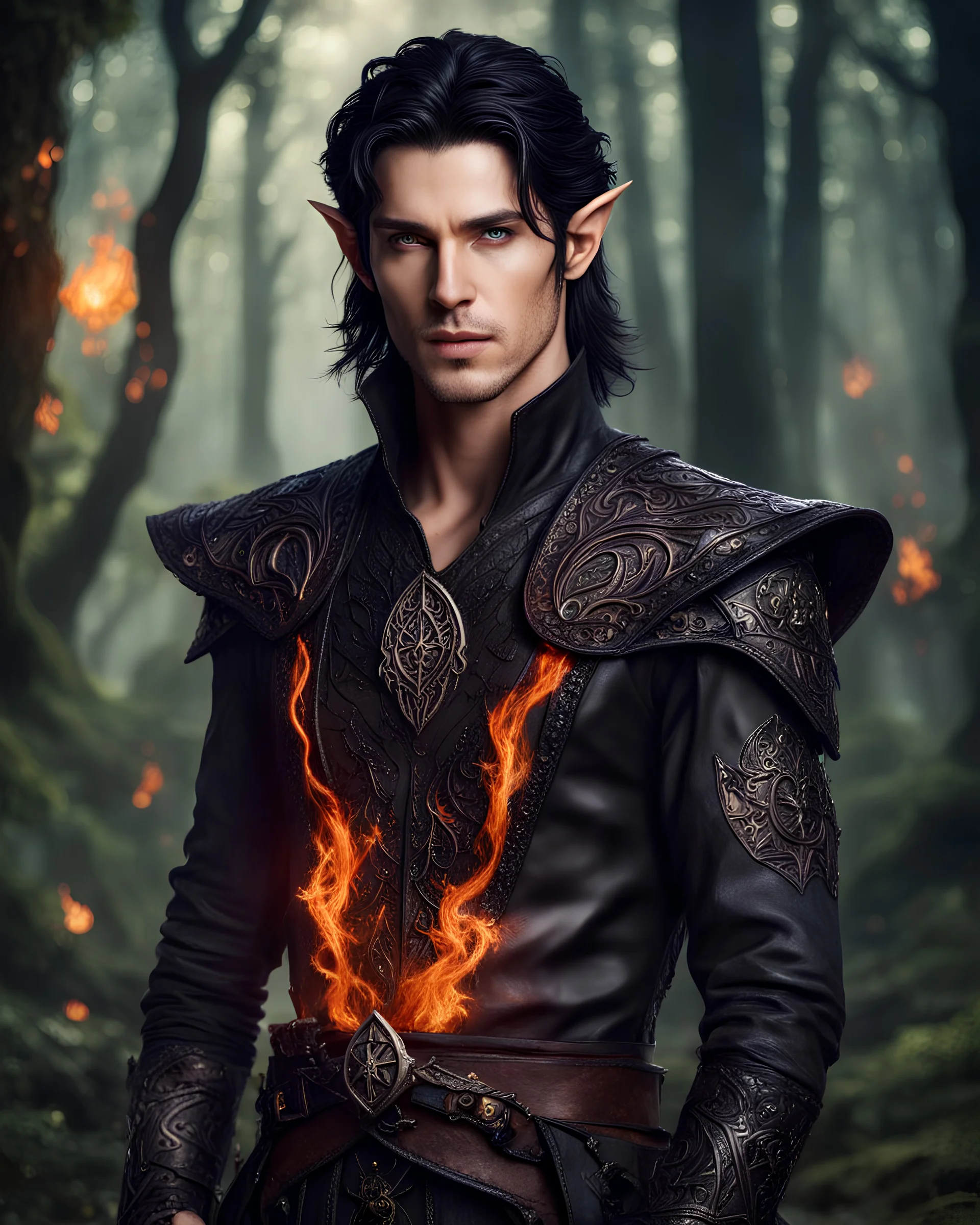 Handsome Fantasy male elf mage, with black hair, emerald green eyes, intricate fiery mystical symbols on his leather armor, an ancient forbidding dark forest in the background, detailed, high resolution, fantasy portrait, photo shooting