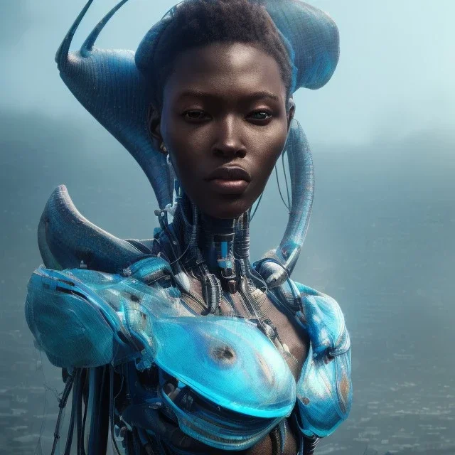portrait,beautiful african robotic sirene, post-apocalyptic in a cyberpunk city, realistic, intriacte detail, sci-fi fantasy style, volumetric lighting, particales,highly detailed,cinematic, deep blue.