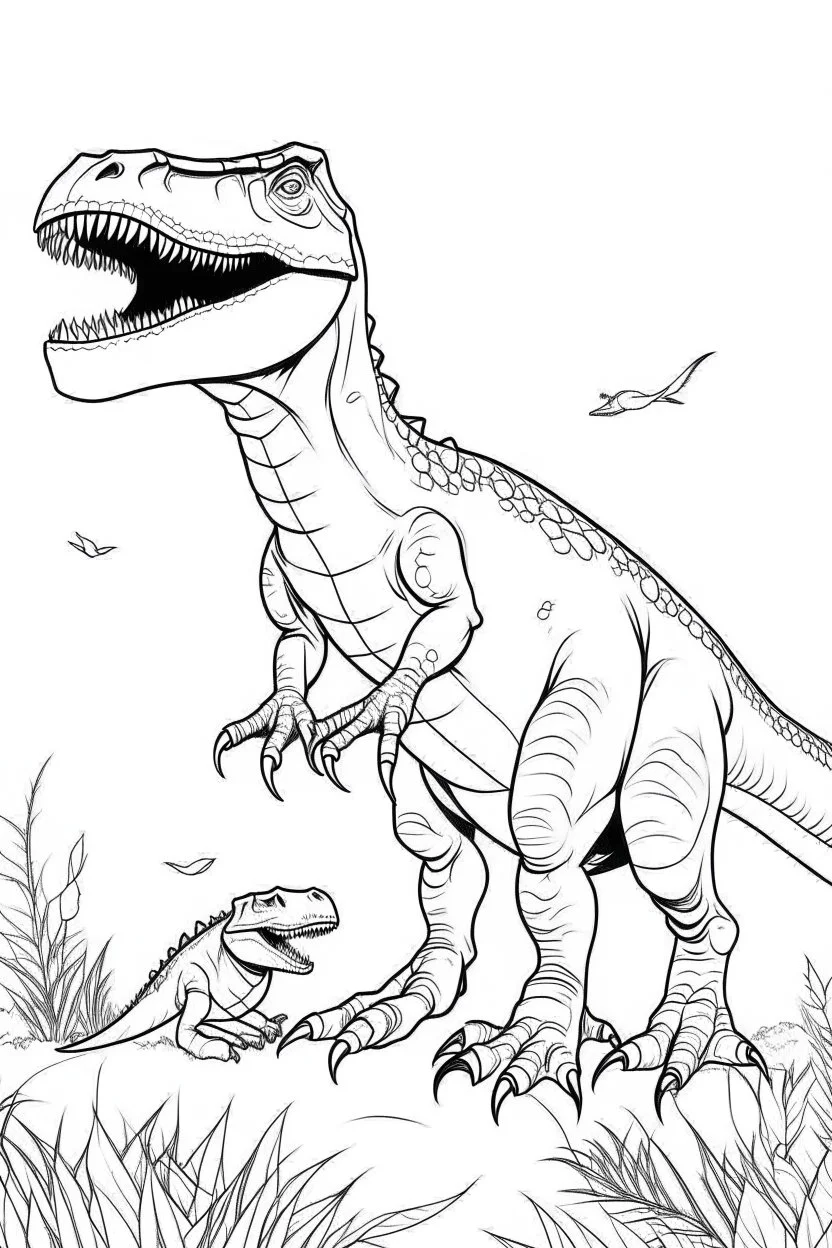 A coloring page, white backgrounda scene of a parent T-Rex providing guidance and support to its offspring as they navigate through their surroundings, with the parent offering encouragement and reassurance.. ink drawing clipart, simple line illustrations, colored