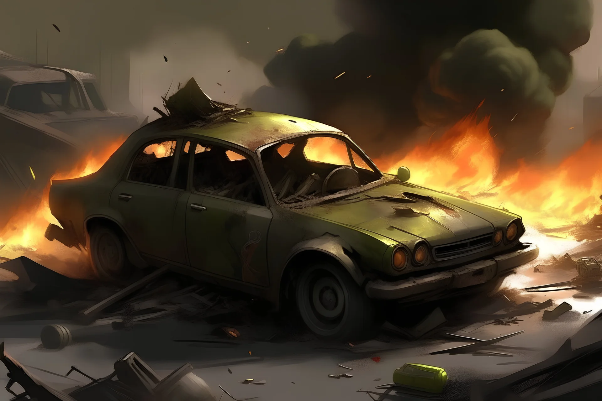 car explosion, post-apocalyptic, concept art