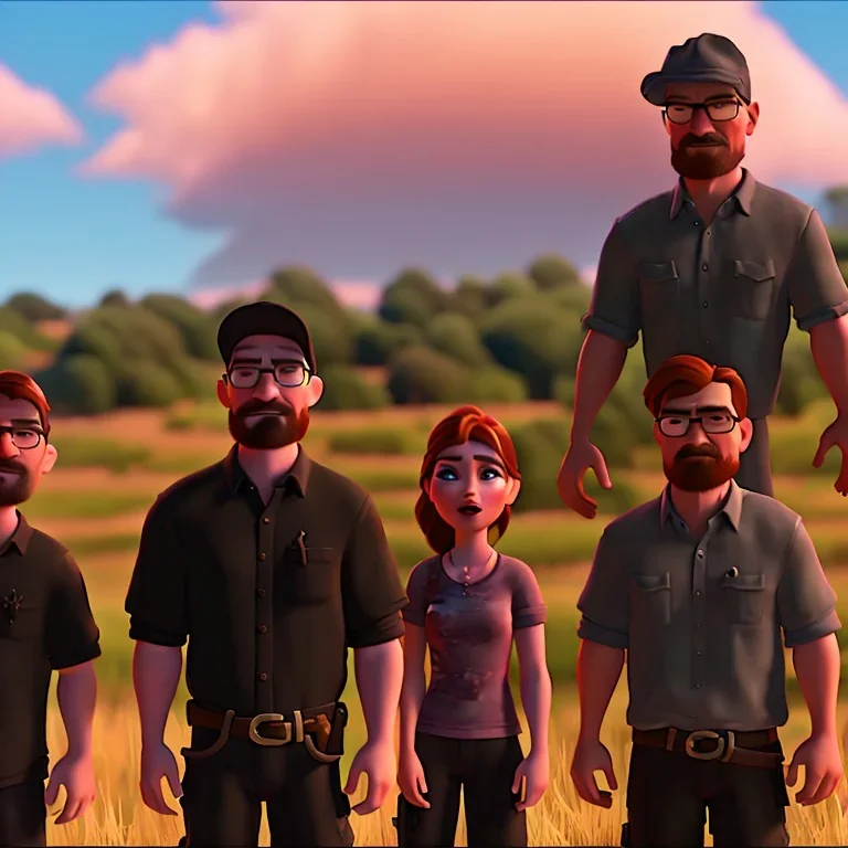 Walter White and his family, 8k, realistic face, with a fedora, sunset background, zombies.