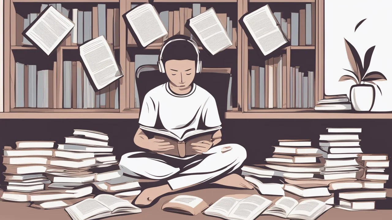 Description of the image: An image representing a person engaged in focused reading and learning, with books and articles spread out in front of them, symbolizing dedication to continuous learning and self-improvement.